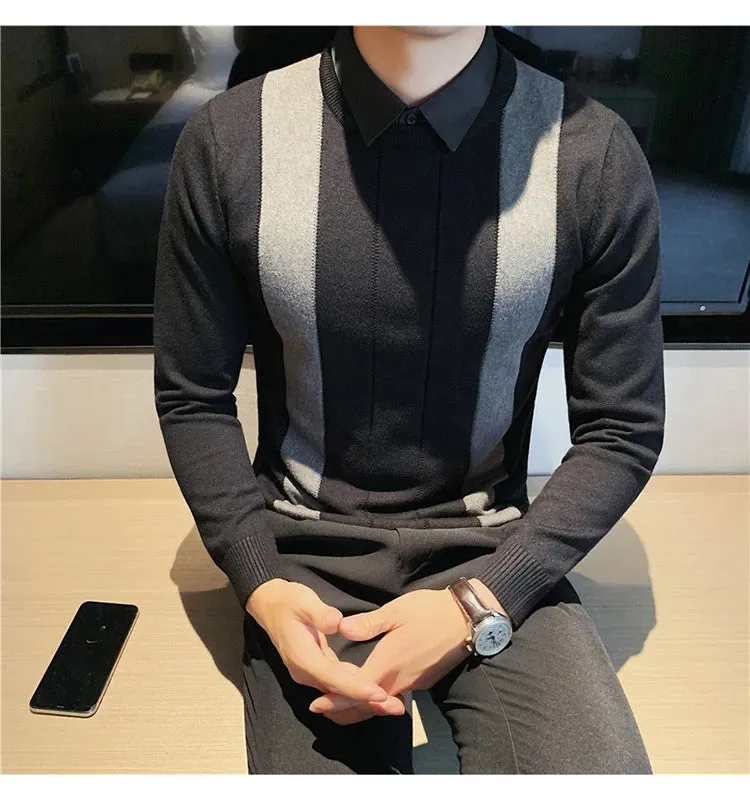 Winter Striped Stitching Sweater Men Long Sleeve Slim Fit Fake Two Knitted Pullovers High Quality Simple Business Men's Sweater