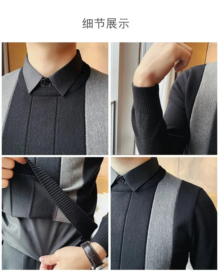 Winter Striped Stitching Sweater Men Long Sleeve Slim Fit Fake Two Knitted Pullovers High Quality Simple Business Men's Sweater