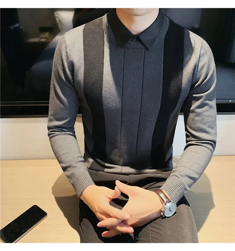 Winter Striped Stitching Sweater Men Long Sleeve Slim Fit Fake Two Knitted Pullovers High Quality Simple Business Men's Sweater