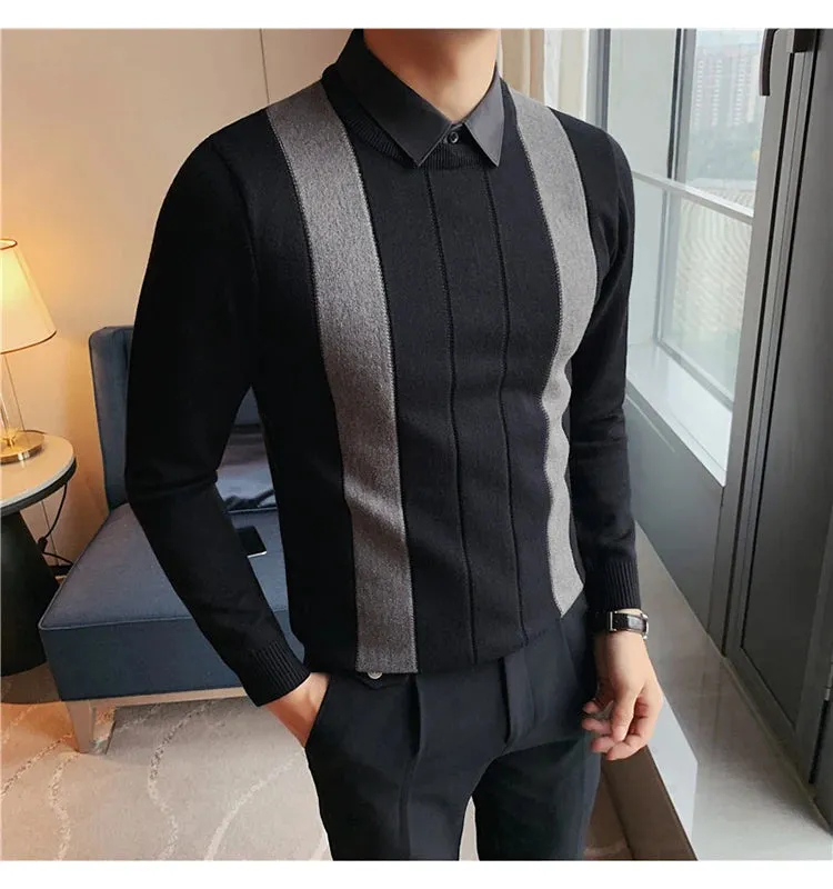 Winter Striped Stitching Sweater Men Long Sleeve Slim Fit Fake Two Knitted Pullovers High Quality Simple Business Men's Sweater