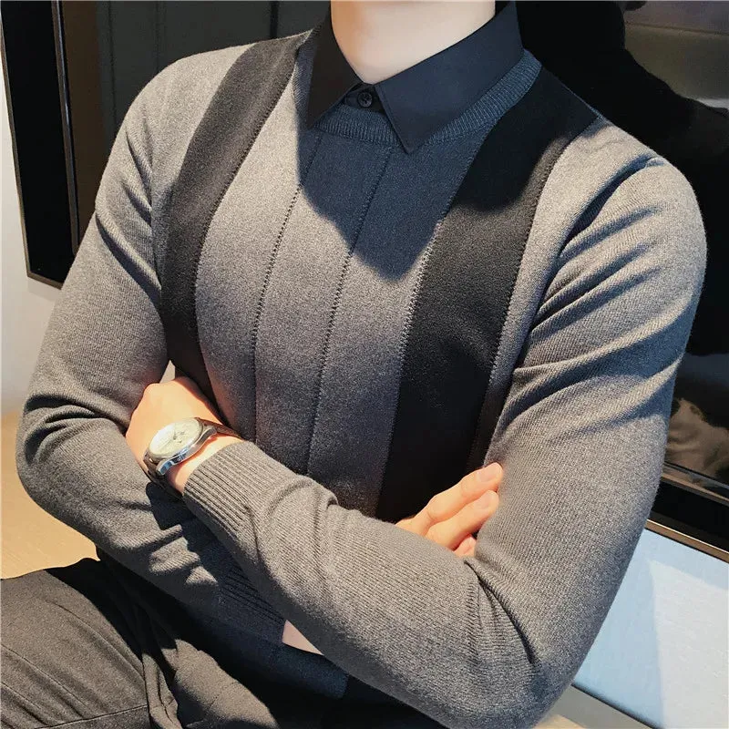 Winter Striped Stitching Sweater Men Long Sleeve Slim Fit Fake Two Knitted Pullovers High Quality Simple Business Men's Sweater