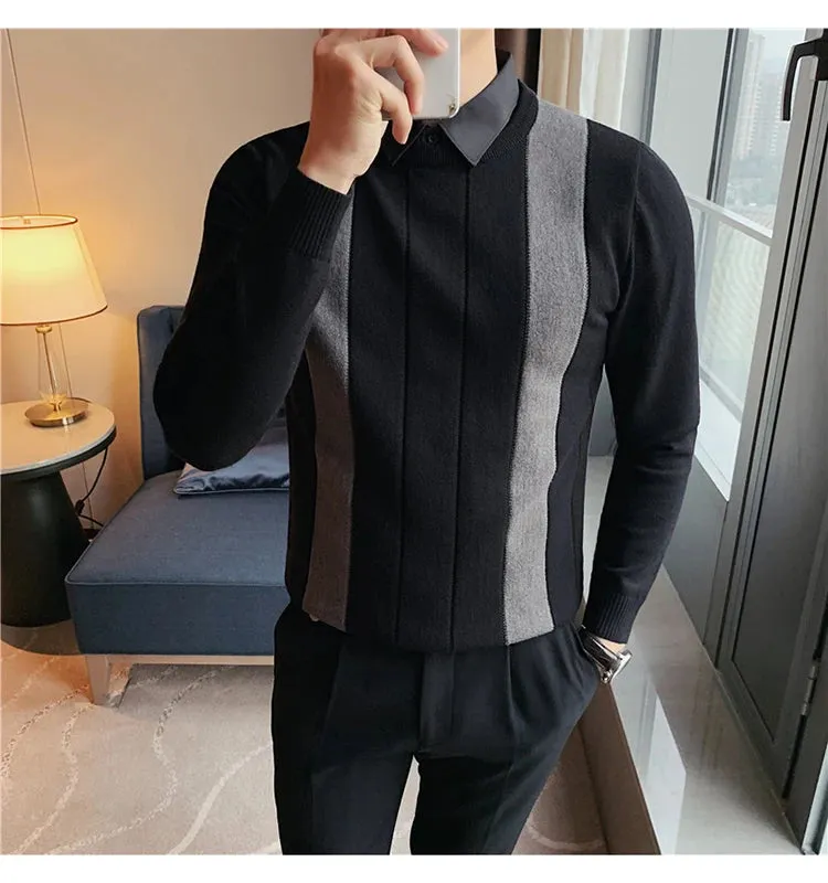 Winter Striped Stitching Sweater Men Long Sleeve Slim Fit Fake Two Knitted Pullovers High Quality Simple Business Men's Sweater
