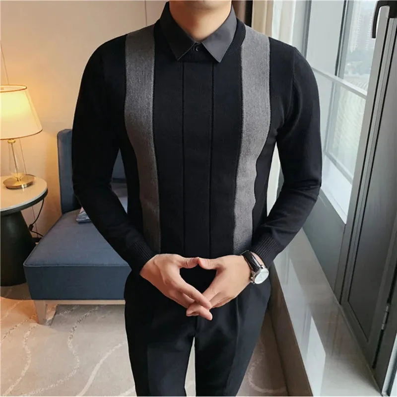 Winter Striped Stitching Sweater Men Long Sleeve Slim Fit Fake Two Knitted Pullovers High Quality Simple Business Men's Sweater