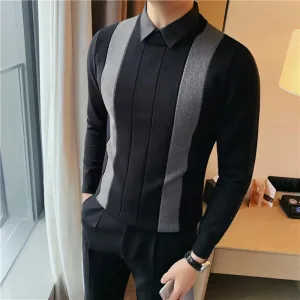Winter Striped Stitching Sweater Men Long Sleeve Slim Fit Fake Two Knitted Pullovers High Quality Simple Business Men's Sweater