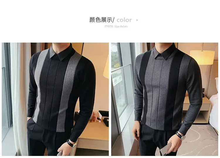 Winter Striped Stitching Sweater Men Long Sleeve Slim Fit Fake Two Knitted Pullovers High Quality Simple Business Men's Sweater