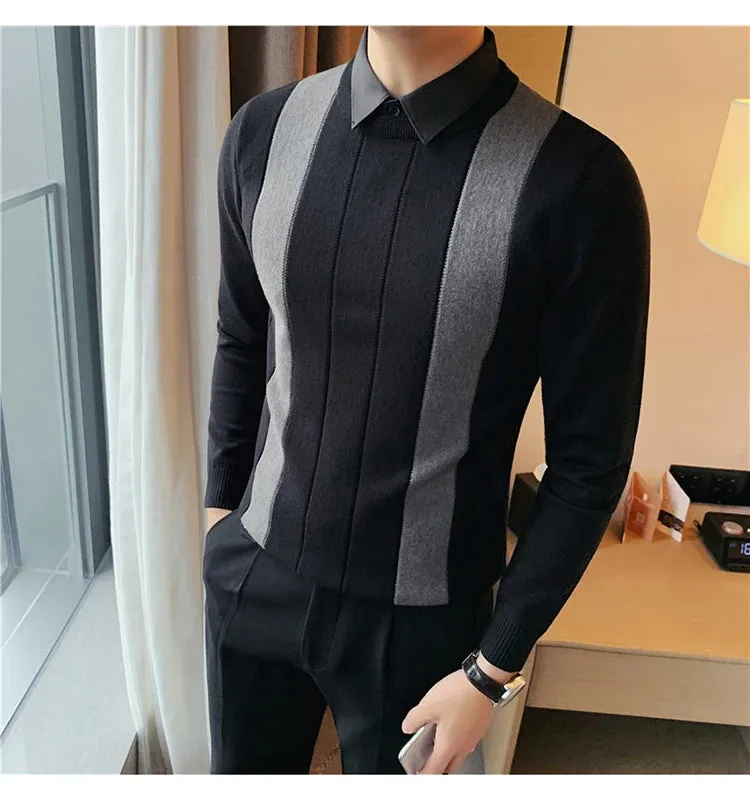 Winter Striped Stitching Sweater Men Long Sleeve Slim Fit Fake Two Knitted Pullovers High Quality Simple Business Men's Sweater