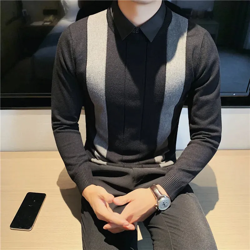 Winter Striped Stitching Sweater Men Long Sleeve Slim Fit Fake Two Knitted Pullovers High Quality Simple Business Men's Sweater