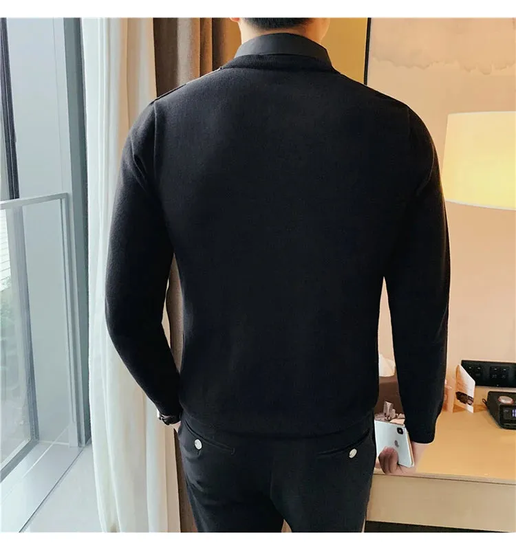 Winter Striped Stitching Sweater Men Long Sleeve Slim Fit Fake Two Knitted Pullovers High Quality Simple Business Men's Sweater