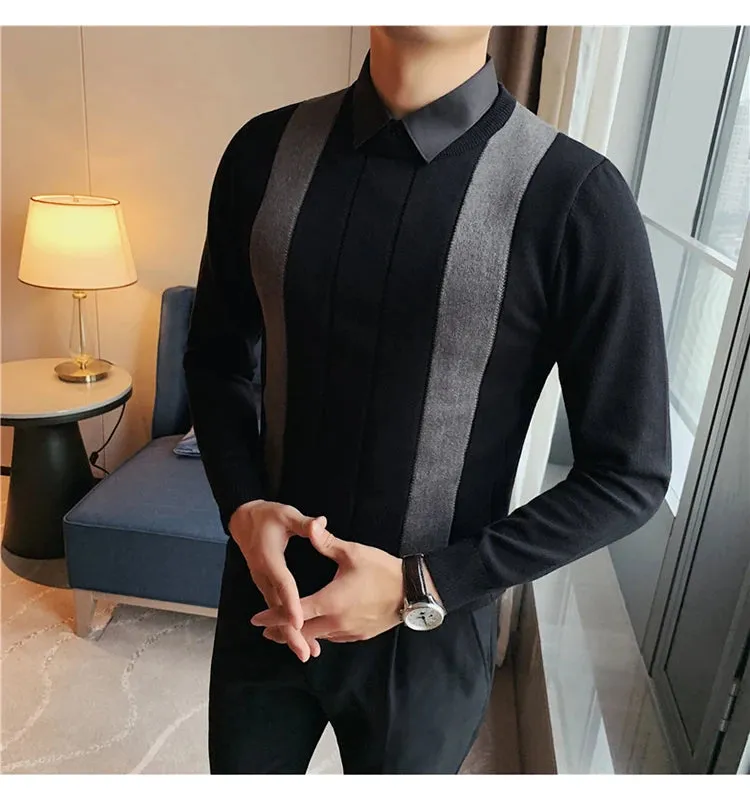 Winter Striped Stitching Sweater Men Long Sleeve Slim Fit Fake Two Knitted Pullovers High Quality Simple Business Men's Sweater