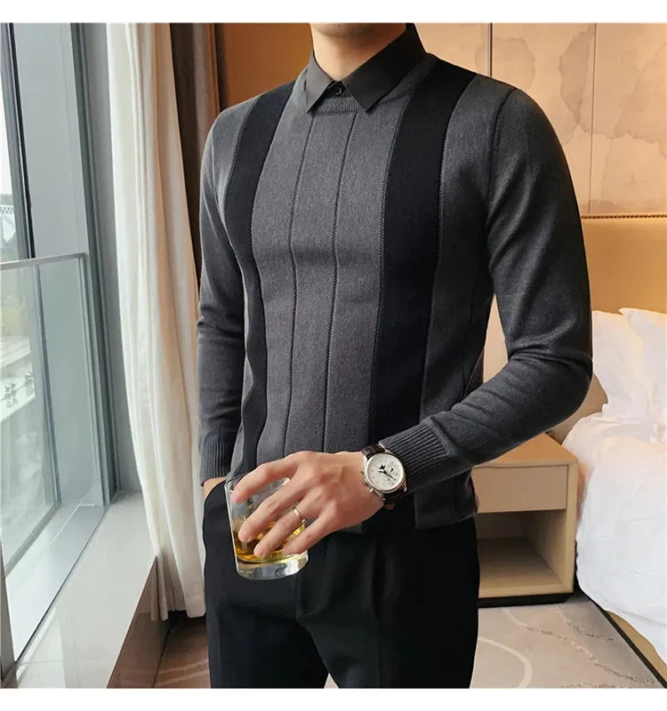 Winter Striped Stitching Sweater Men Long Sleeve Slim Fit Fake Two Knitted Pullovers High Quality Simple Business Men's Sweater