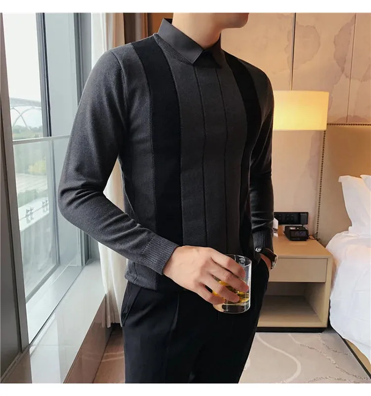 Winter Striped Stitching Sweater Men Long Sleeve Slim Fit Fake Two Knitted Pullovers High Quality Simple Business Men's Sweater