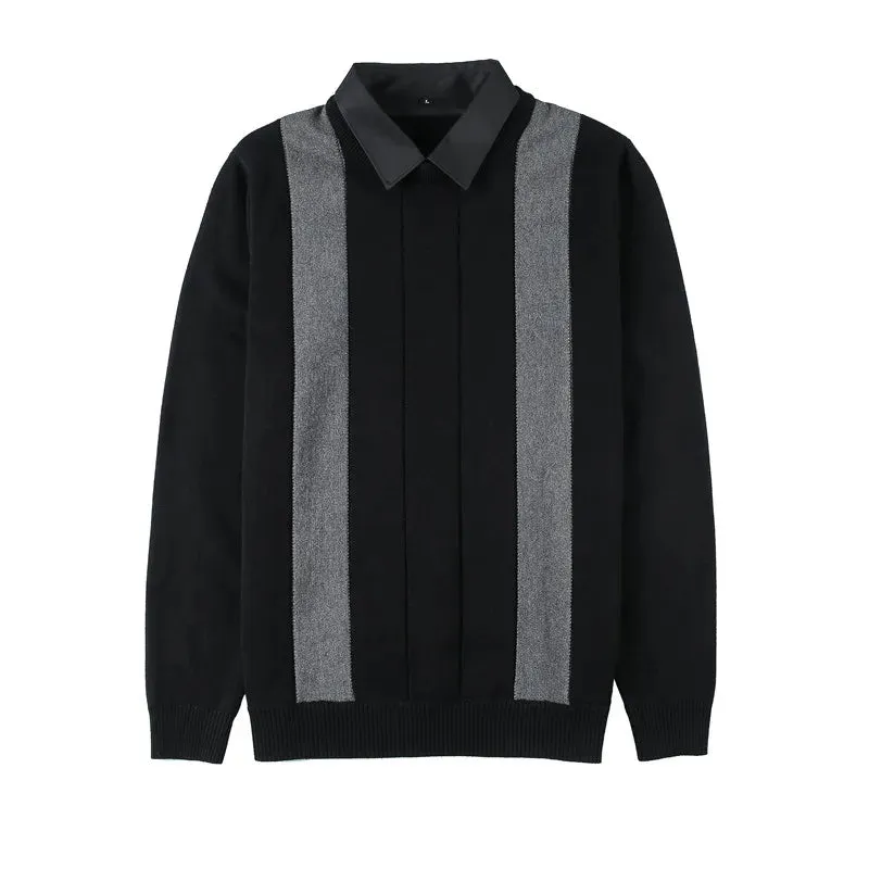 Winter Striped Stitching Sweater Men Long Sleeve Slim Fit Fake Two Knitted Pullovers High Quality Simple Business Men's Sweater
