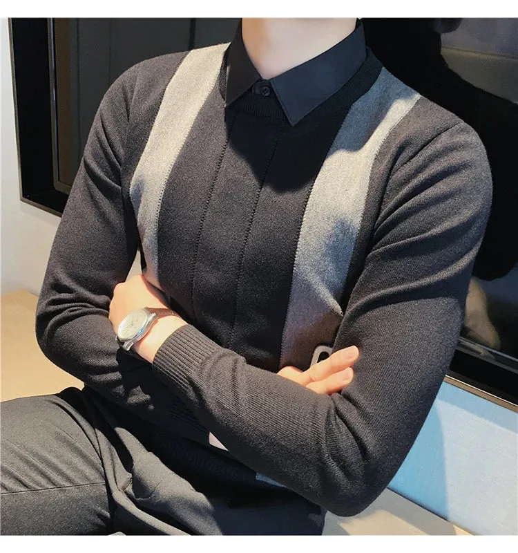 Winter Striped Stitching Sweater Men Long Sleeve Slim Fit Fake Two Knitted Pullovers High Quality Simple Business Men's Sweater