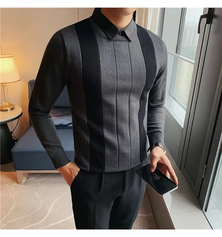Winter Striped Stitching Sweater Men Long Sleeve Slim Fit Fake Two Knitted Pullovers High Quality Simple Business Men's Sweater