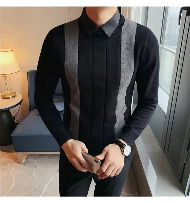 Winter Striped Stitching Sweater Men Long Sleeve Slim Fit Fake Two Knitted Pullovers High Quality Simple Business Men's Sweater