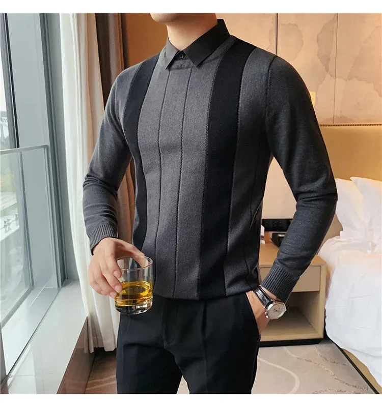 Winter Striped Stitching Sweater Men Long Sleeve Slim Fit Fake Two Knitted Pullovers High Quality Simple Business Men's Sweater