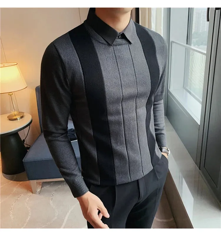 Winter Striped Stitching Sweater Men Long Sleeve Slim Fit Fake Two Knitted Pullovers High Quality Simple Business Men's Sweater
