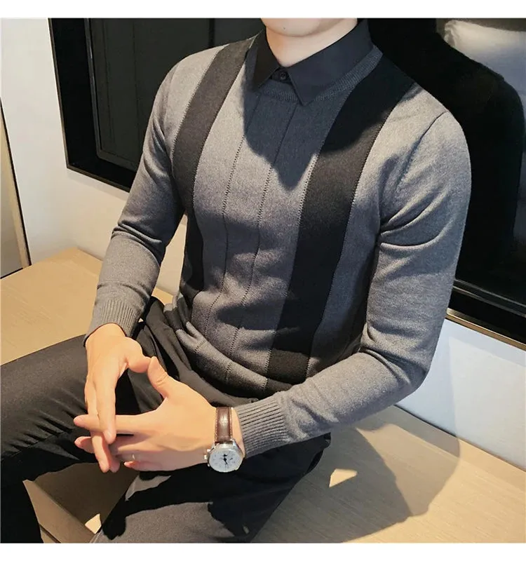 Winter Striped Stitching Sweater Men Long Sleeve Slim Fit Fake Two Knitted Pullovers High Quality Simple Business Men's Sweater