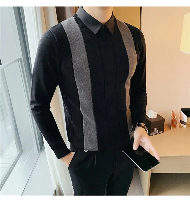 Winter Striped Stitching Sweater Men Long Sleeve Slim Fit Fake Two Knitted Pullovers High Quality Simple Business Men's Sweater