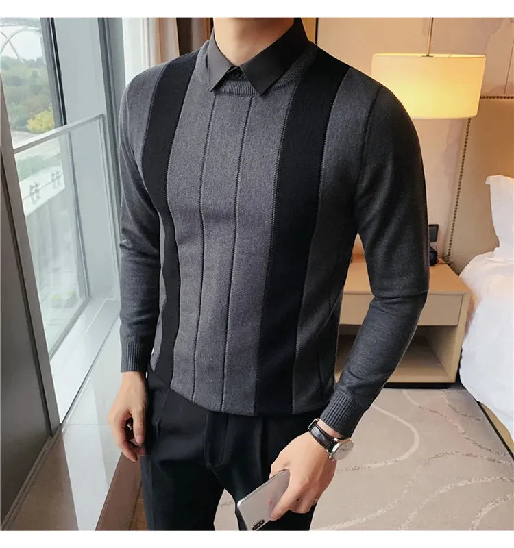 Winter Striped Stitching Sweater Men Long Sleeve Slim Fit Fake Two Knitted Pullovers High Quality Simple Business Men's Sweater