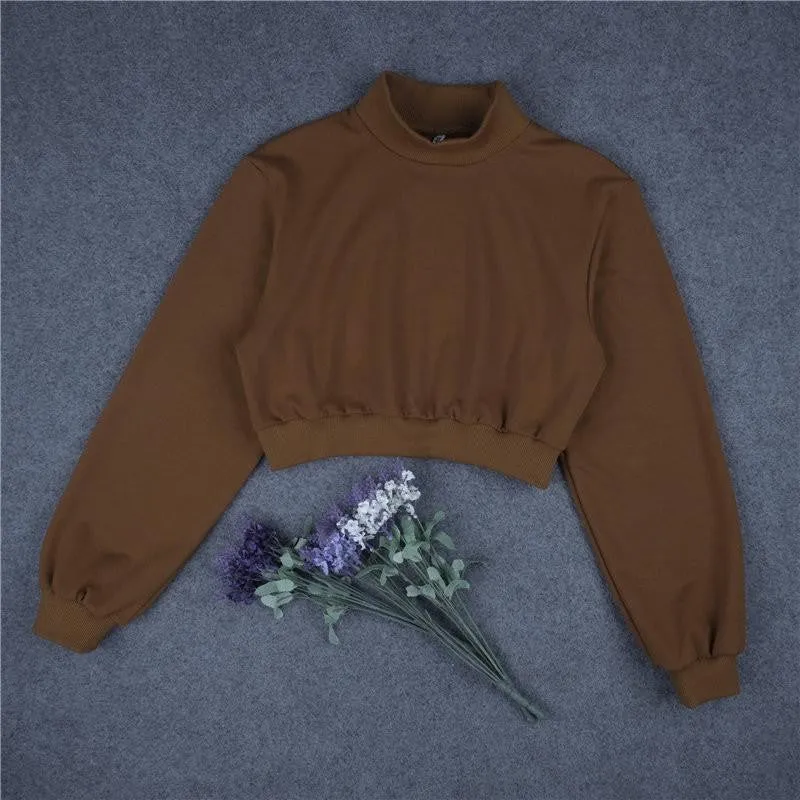 Women Long Sleeve Loose Straight Sweatshirt Casual Slim Brown High Neck Crop Top Sweatshirt
