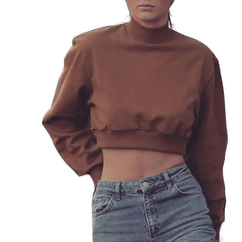 Women Long Sleeve Loose Straight Sweatshirt Casual Slim Brown High Neck Crop Top Sweatshirt