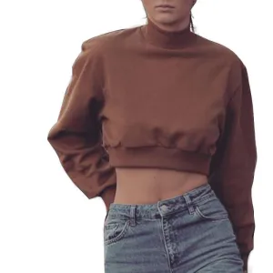 Women Long Sleeve Loose Straight Sweatshirt Casual Slim Brown High Neck Crop Top Sweatshirt