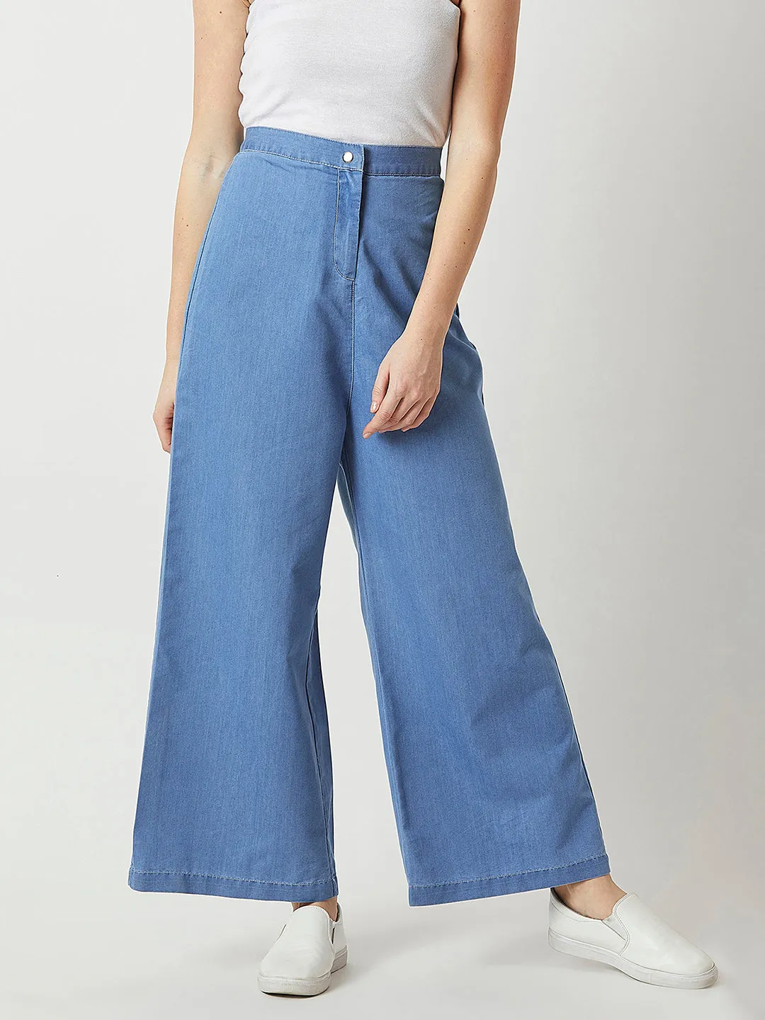 Women's Blue Flared Wide-Leg High-Rise Non Stretchable Light Weight Denim Culottes Pants