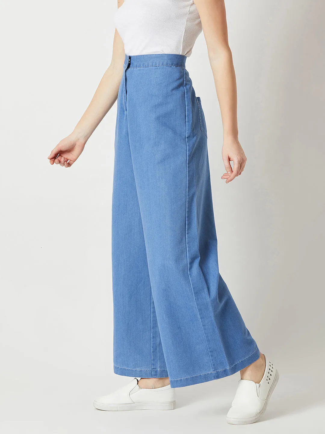Women's Blue Flared Wide-Leg High-Rise Non Stretchable Light Weight Denim Culottes Pants