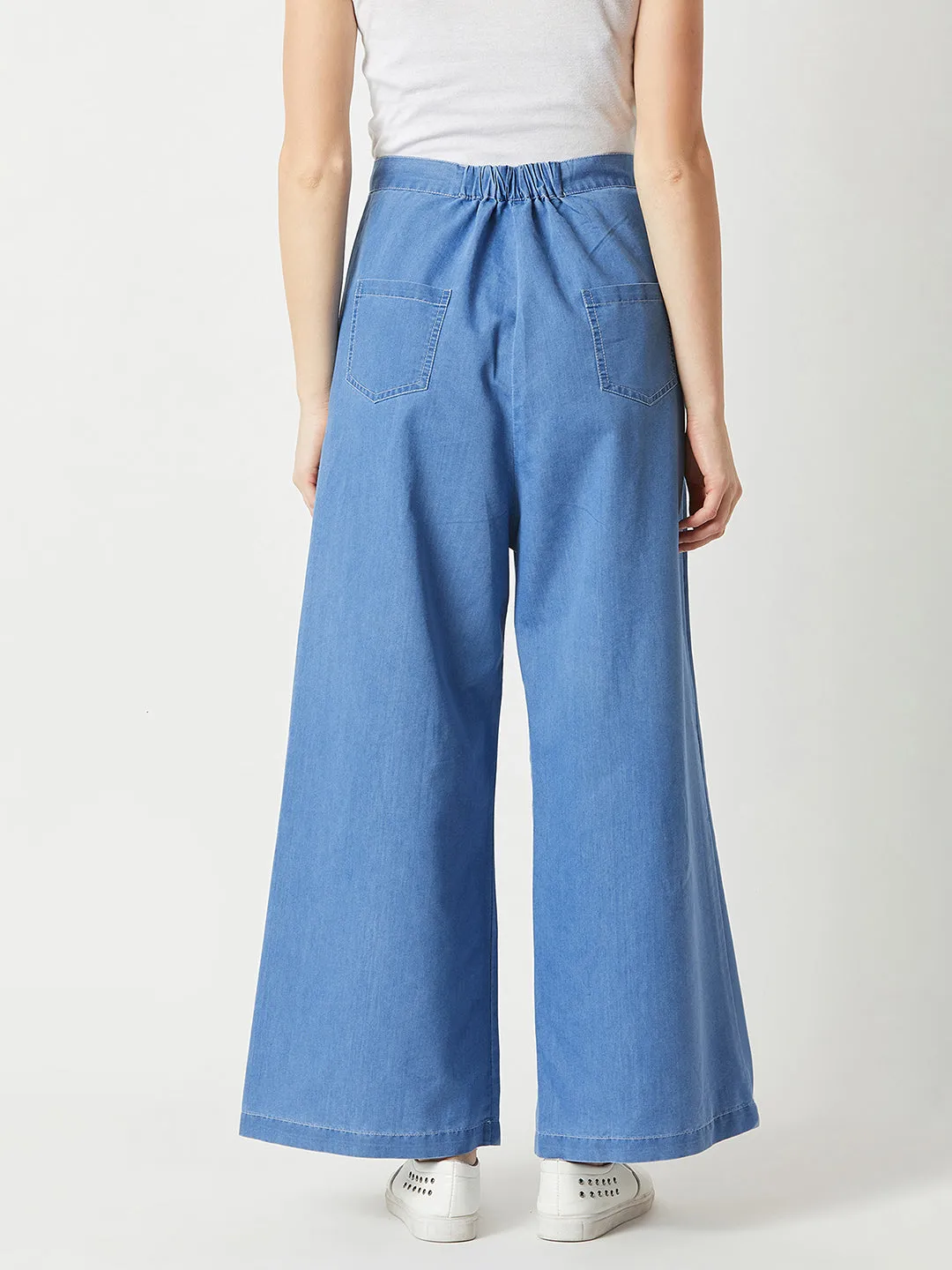 Women's Blue Flared Wide-Leg High-Rise Non Stretchable Light Weight Denim Culottes Pants