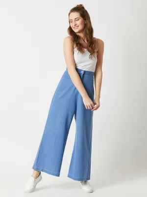 Women's Blue Flared Wide-Leg High-Rise Non Stretchable Light Weight Denim Culottes Pants