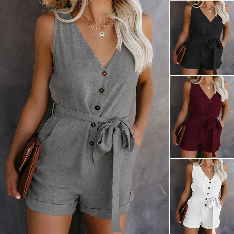 Women's Casual V Neck Solid Color One Piece Pants