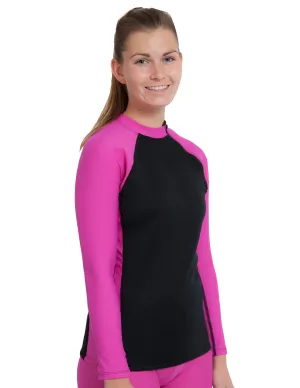 Women's  Hybrid Thermal Zip Rash Guard - Black / Fuchsia