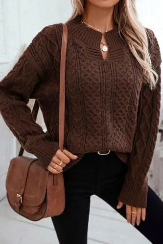 Women's Teardrop Neckline, Cable-Knit Sweater