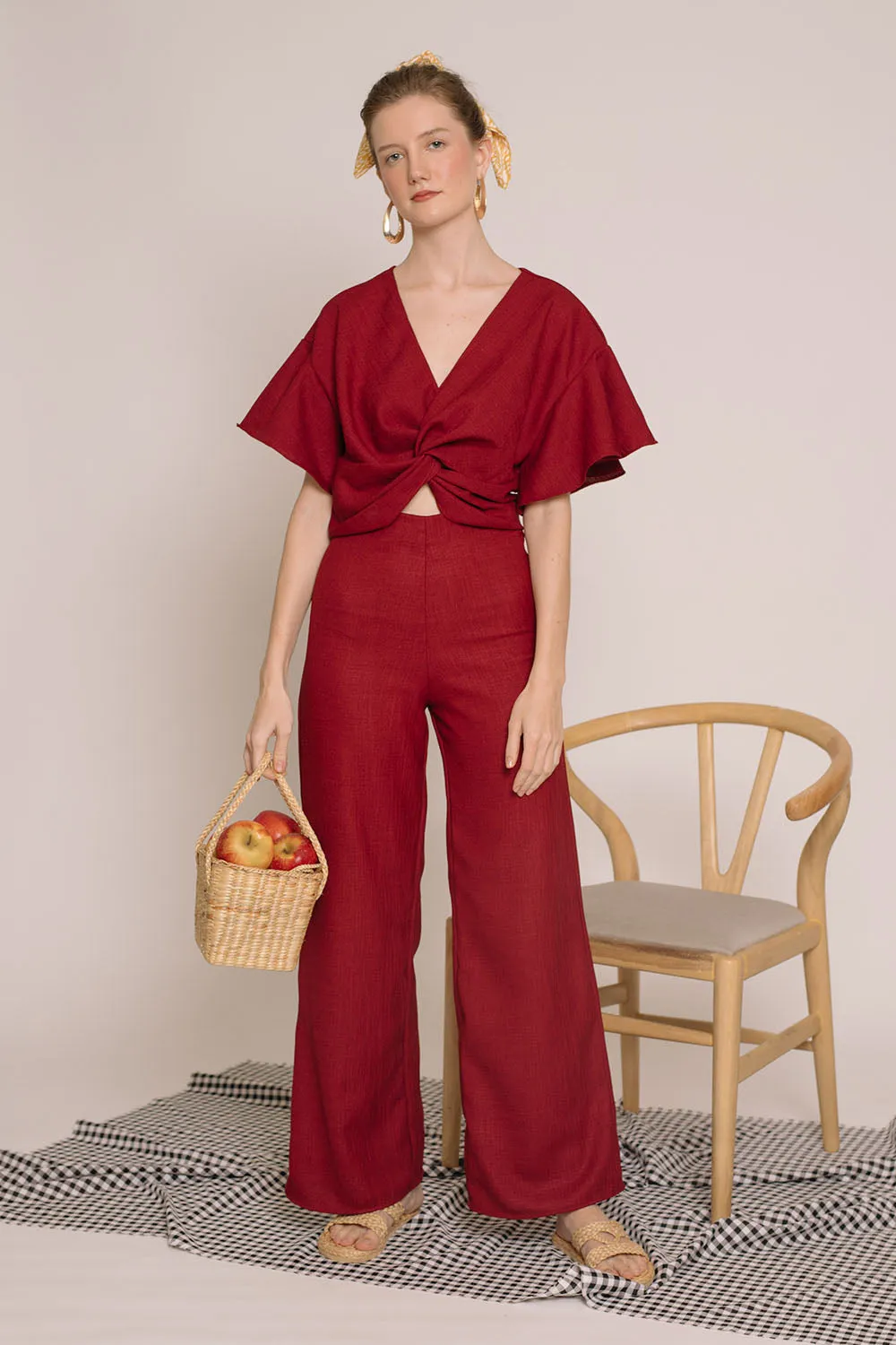 ZAMBIA SET Twist Front Top with Sleeves and Culottes (Maroon Crepe)