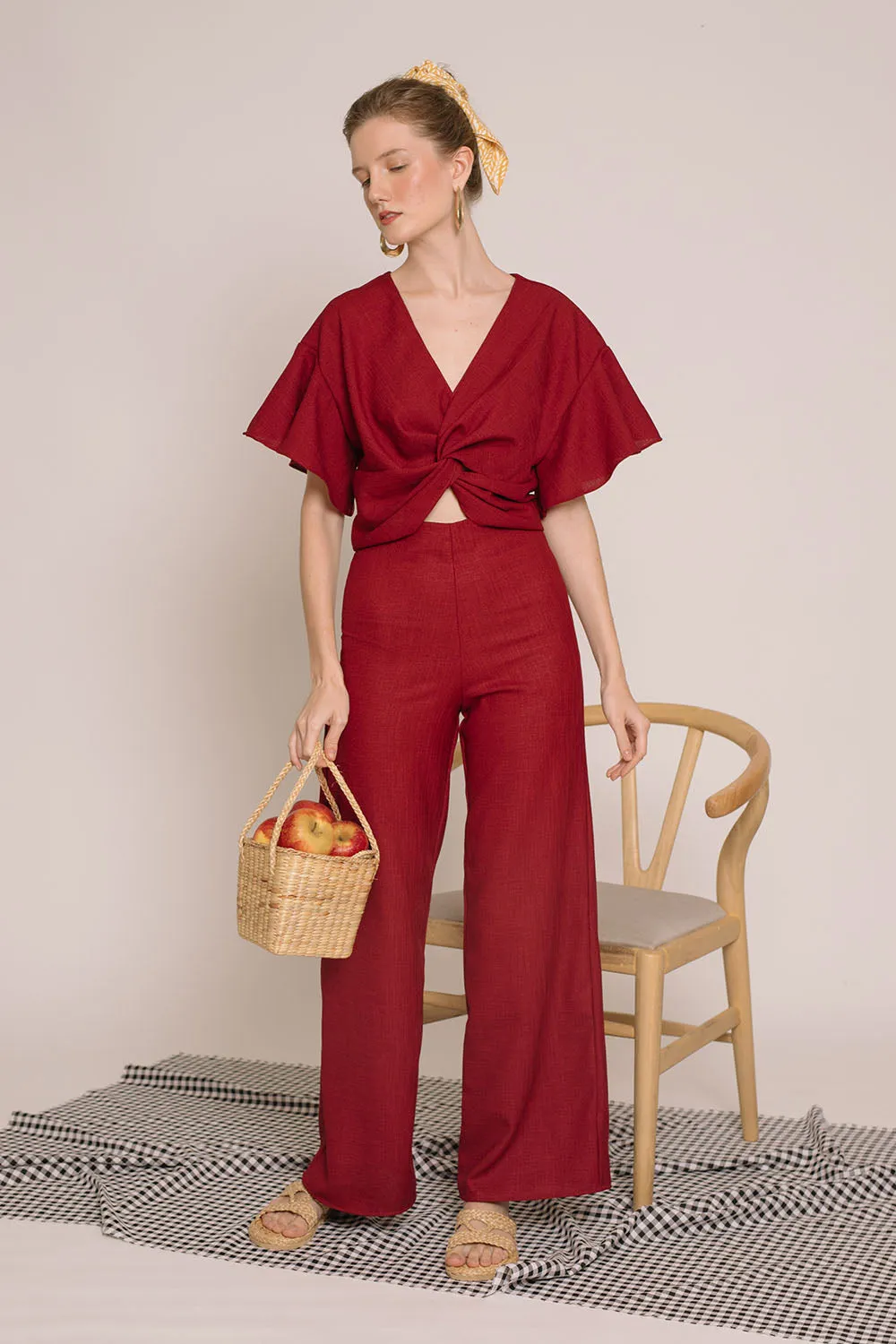 ZAMBIA SET Twist Front Top with Sleeves and Culottes (Maroon Crepe)