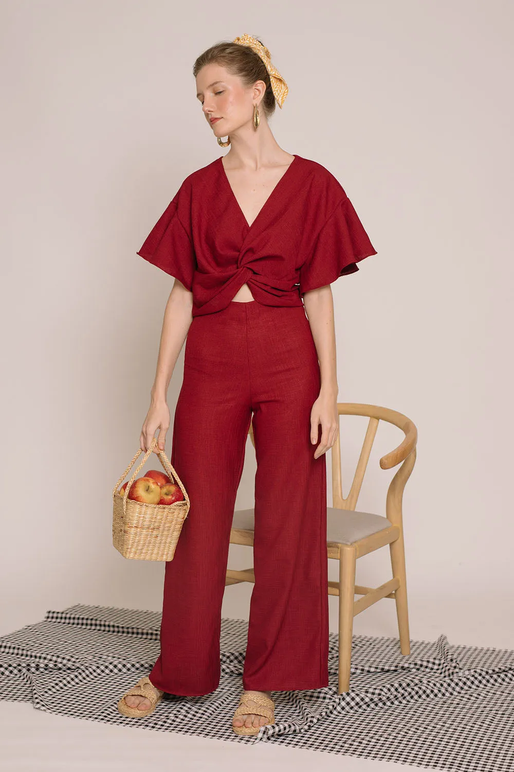 ZAMBIA SET Twist Front Top with Sleeves and Culottes (Maroon Crepe)