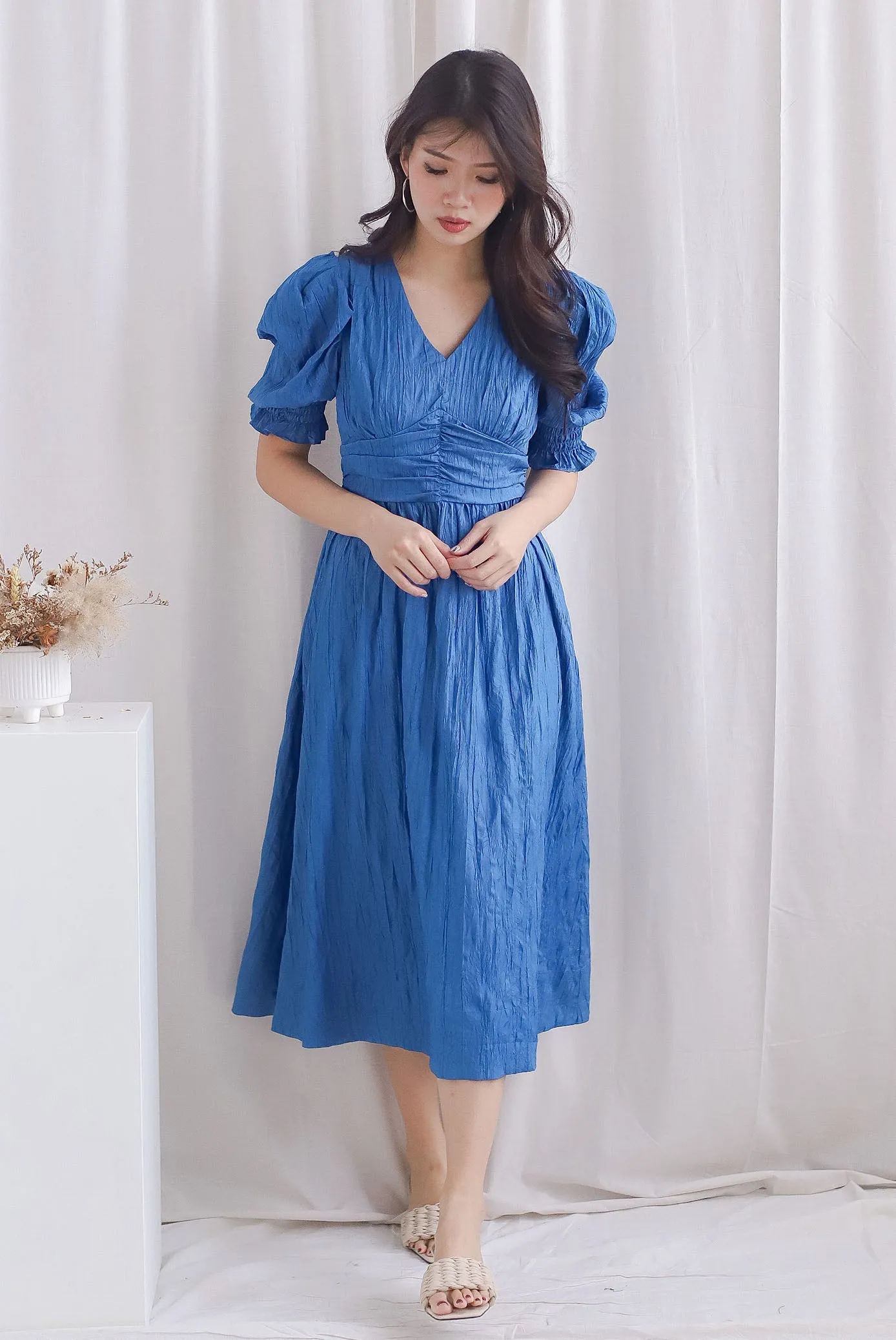 Zanessa Ruch Waist Textured Dress In Cobalt Blue