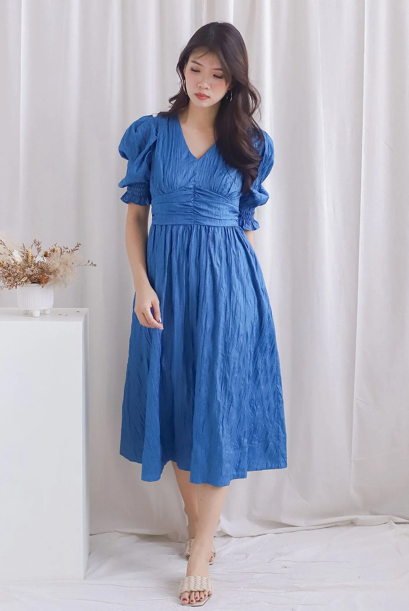 Zanessa Ruch Waist Textured Dress In Cobalt Blue