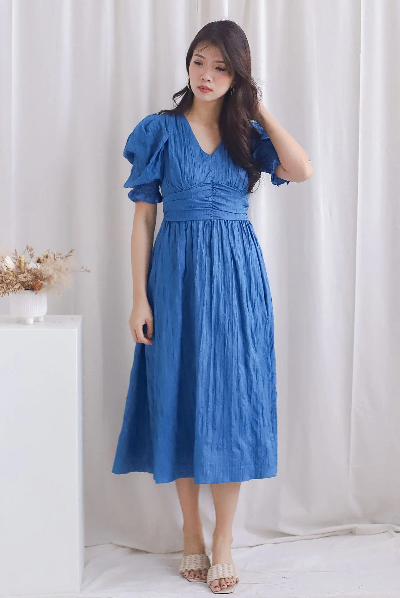 Zanessa Ruch Waist Textured Dress In Cobalt Blue