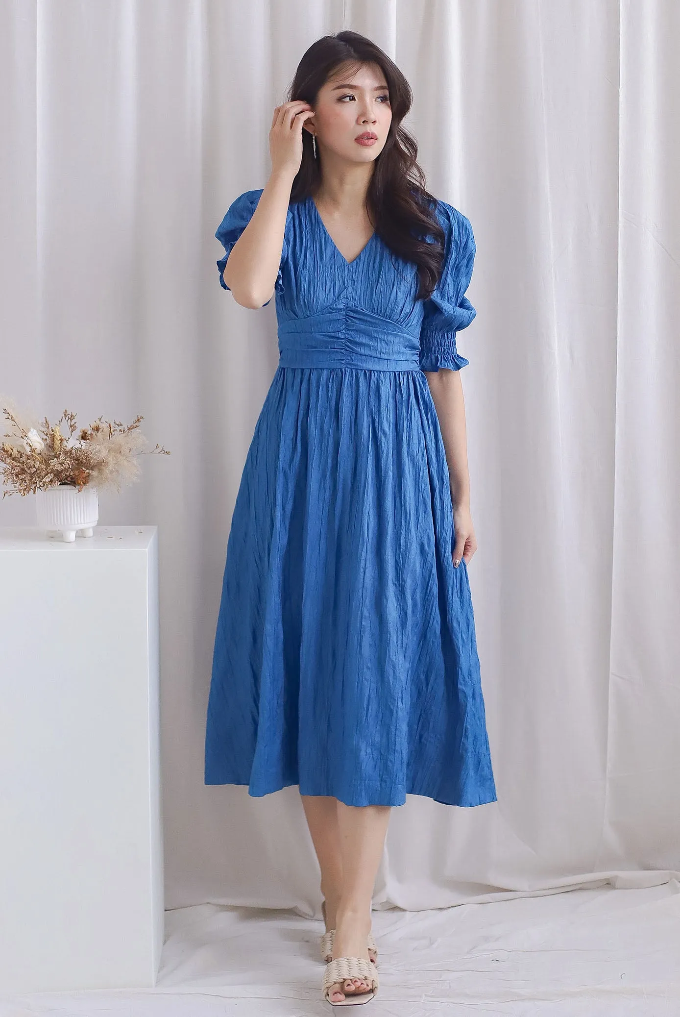 Zanessa Ruch Waist Textured Dress In Cobalt Blue