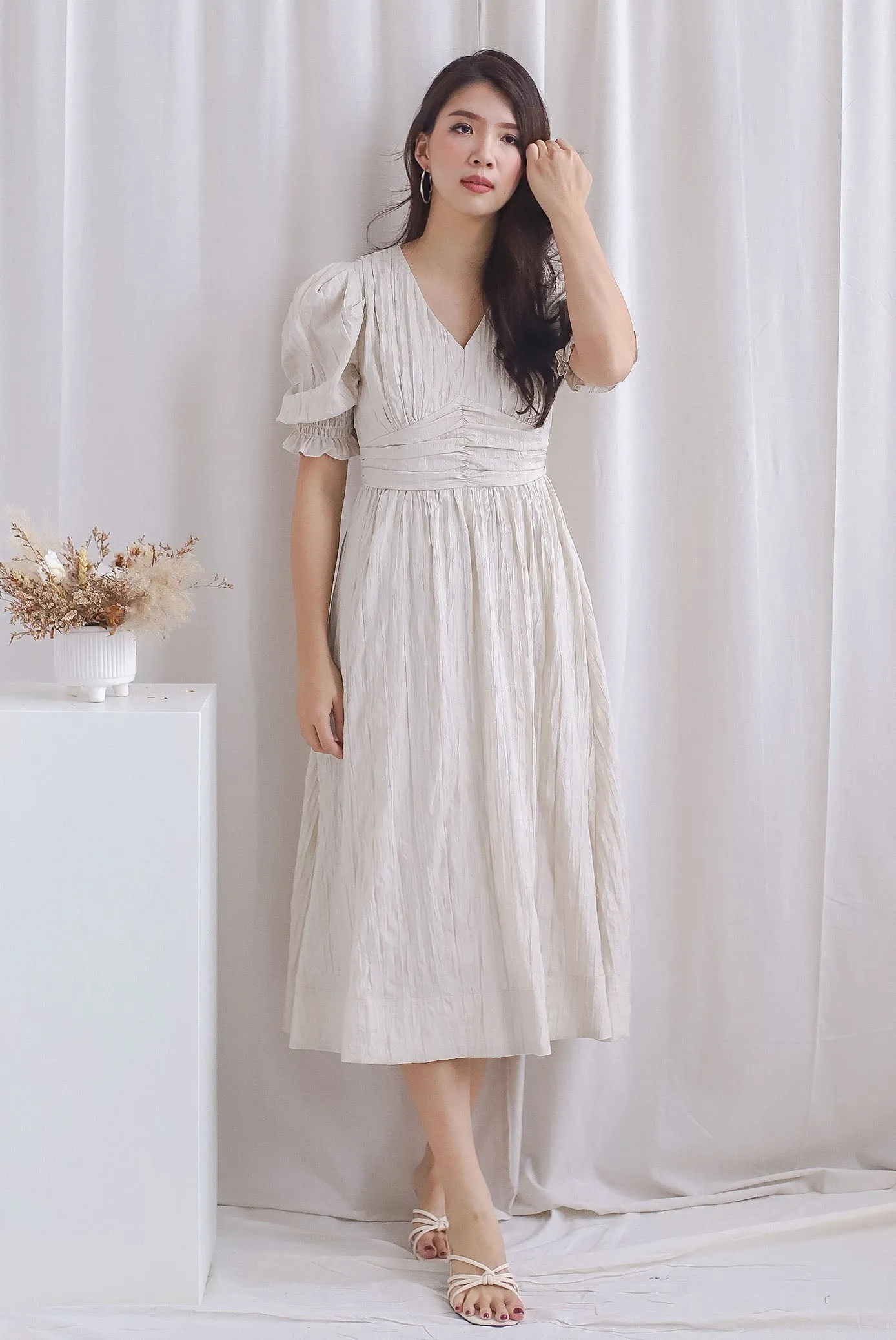 Zanessa Ruch Waist Textured Dress In Ivory