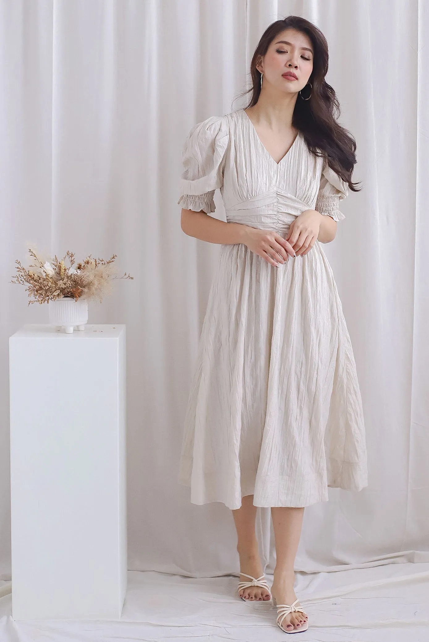 Zanessa Ruch Waist Textured Dress In Ivory