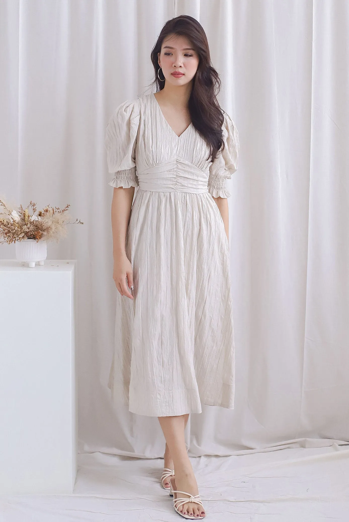Zanessa Ruch Waist Textured Dress In Ivory