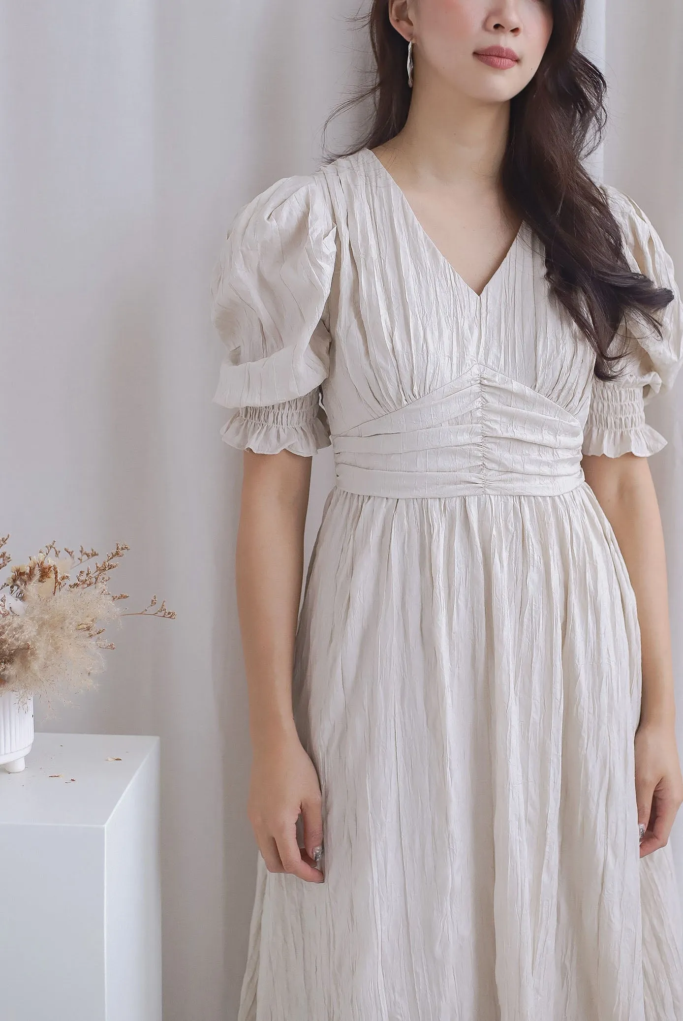 Zanessa Ruch Waist Textured Dress In Ivory