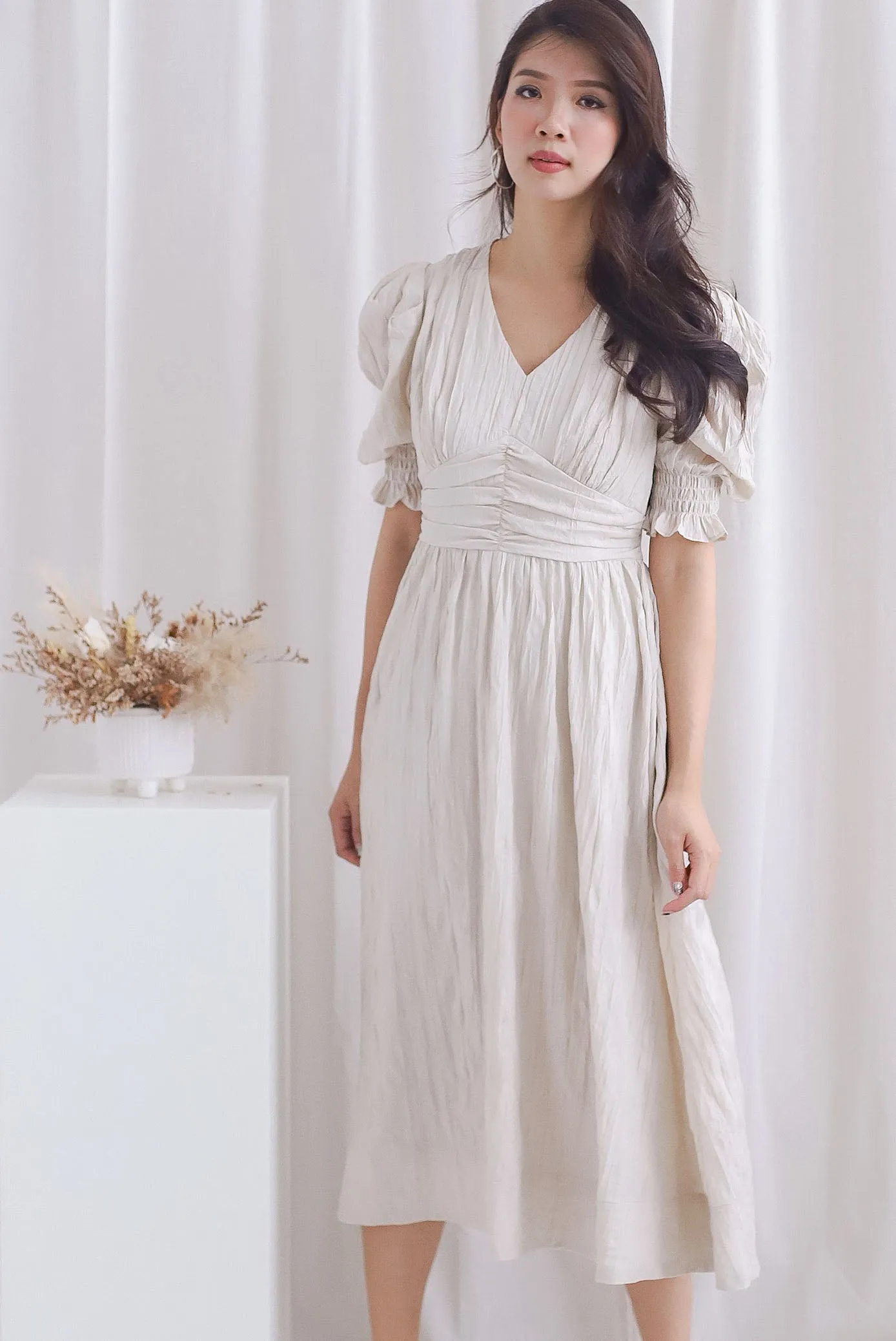 Zanessa Ruch Waist Textured Dress In Ivory
