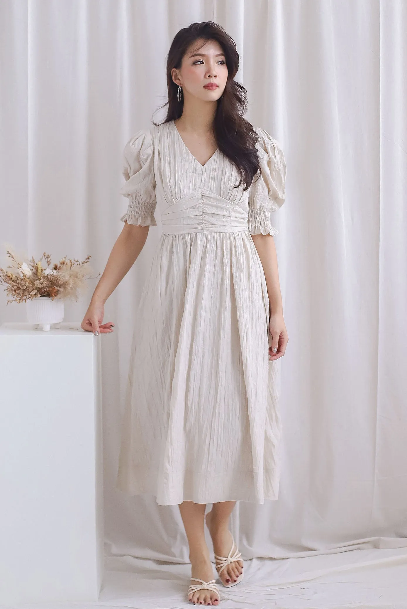 Zanessa Ruch Waist Textured Dress In Ivory