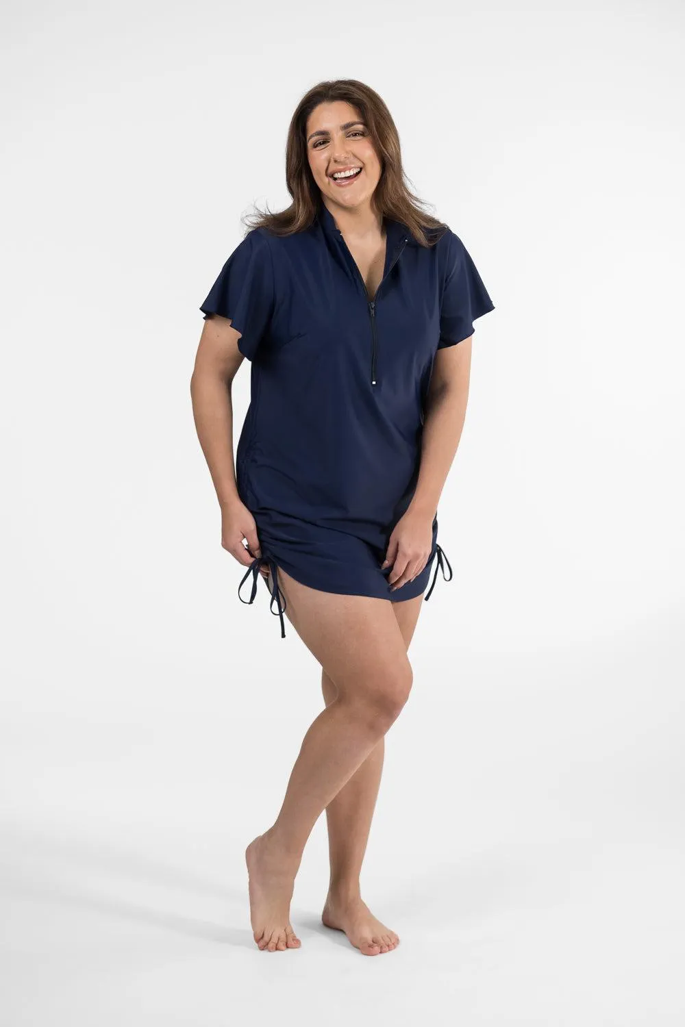 Zip Front Ruffle Rashie Dress navy