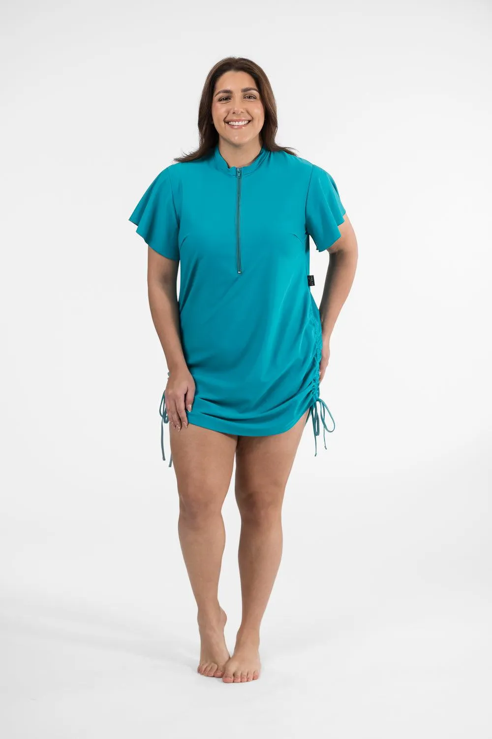 Zip Front Ruffle Rashie Dress teal