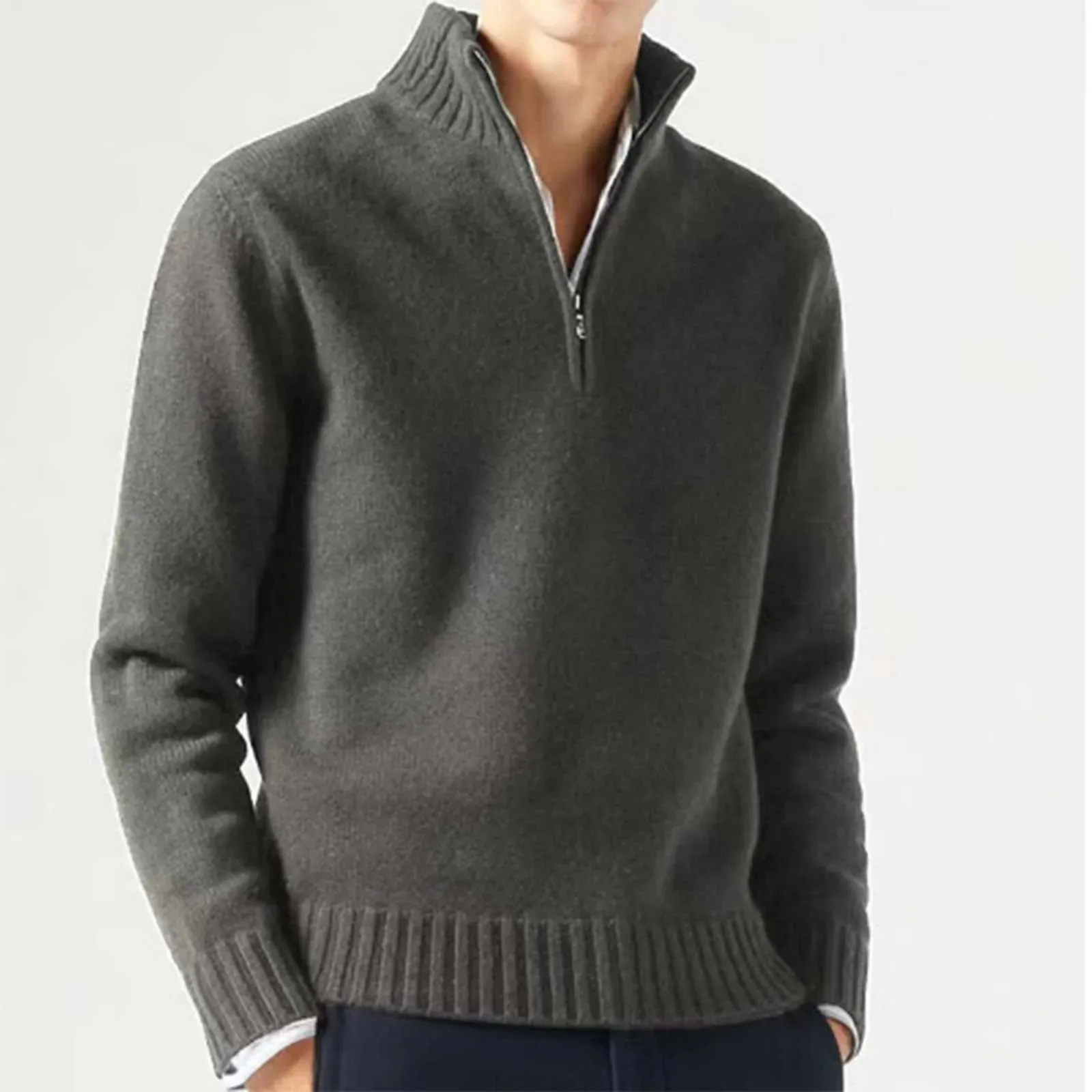 Zipper Turtleneck Men's Sweater Top Half Zip Casual Solid Color Bottom Knit Sweater Warm Long Sleeve Loose Pullover Sweater